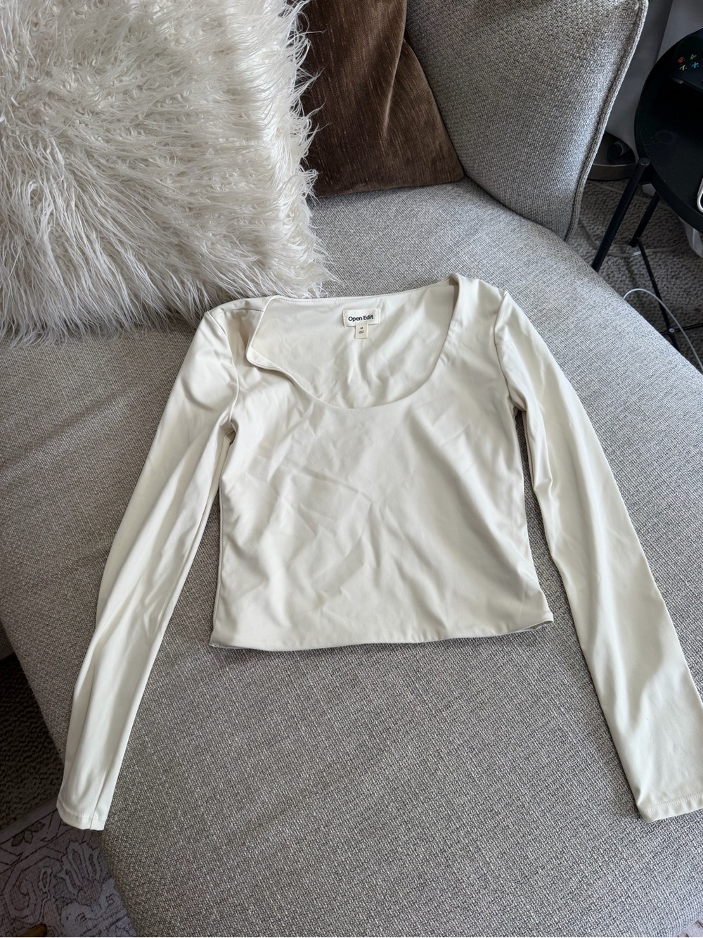 NWOT Open Edit Cream Long-Sleeve Scoop Neck Top